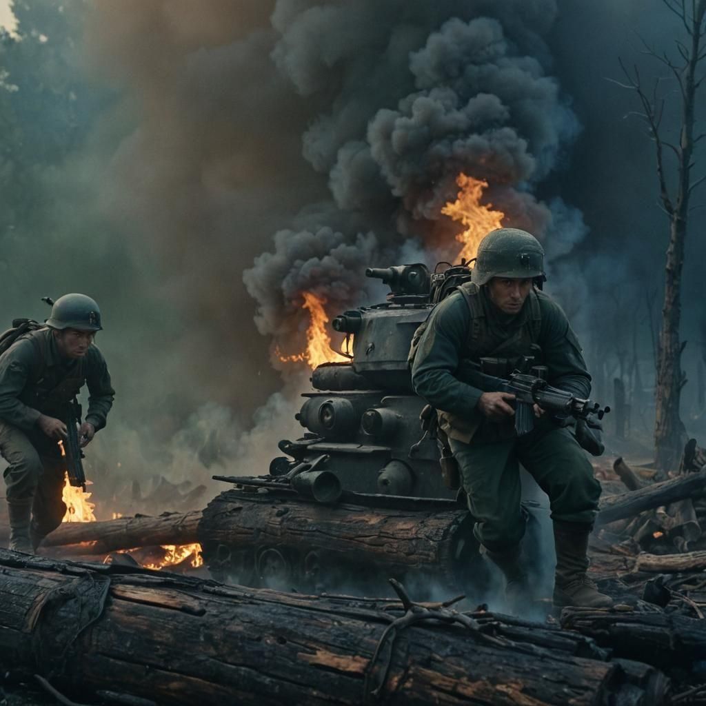 Tense Wartime Scene in a Rural Village