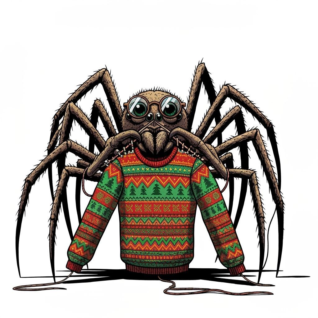 Giant Spider Knitting Christmas Sweater in Comic Art Style