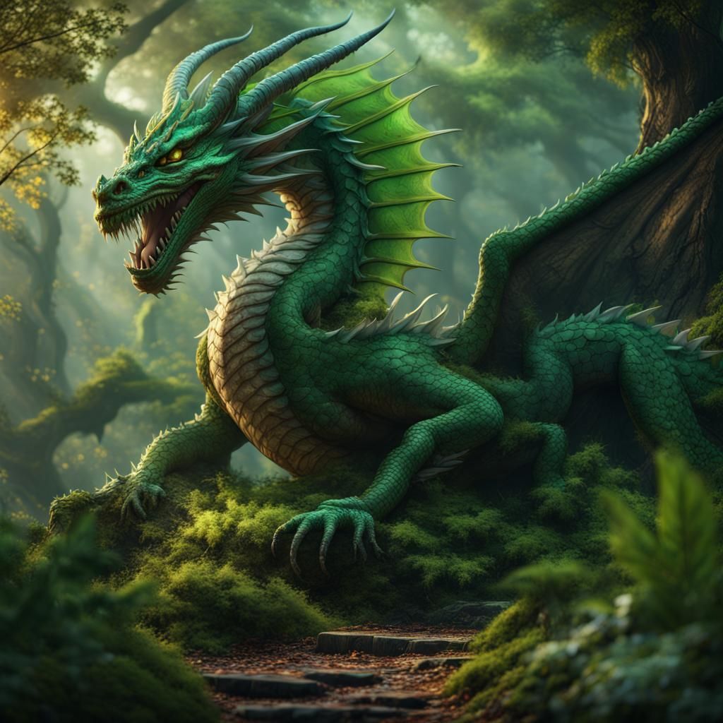 Green Dragon in Forest: Detailed Matte Painting