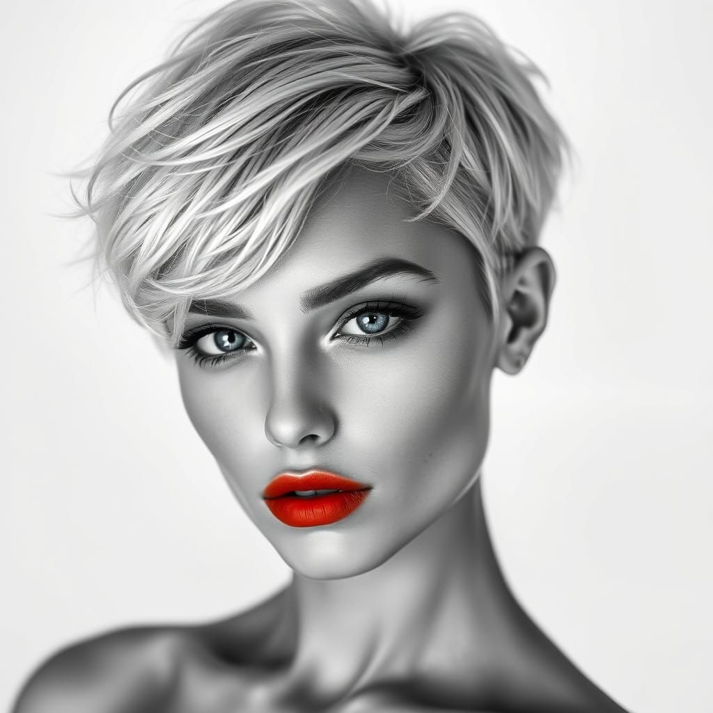 Ethereal Woman Portrait with Platinum Pixie Cut