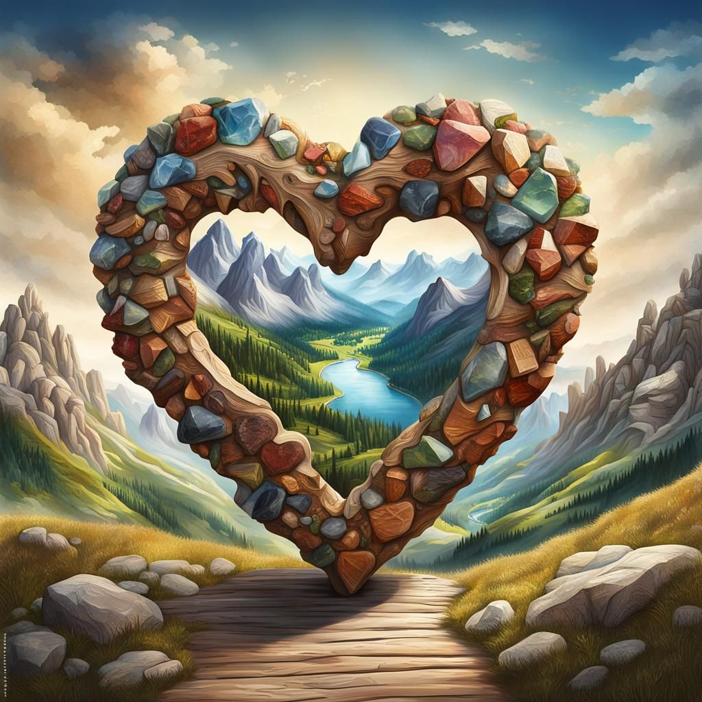 Shining Wooden Heart in Alpine Landscape