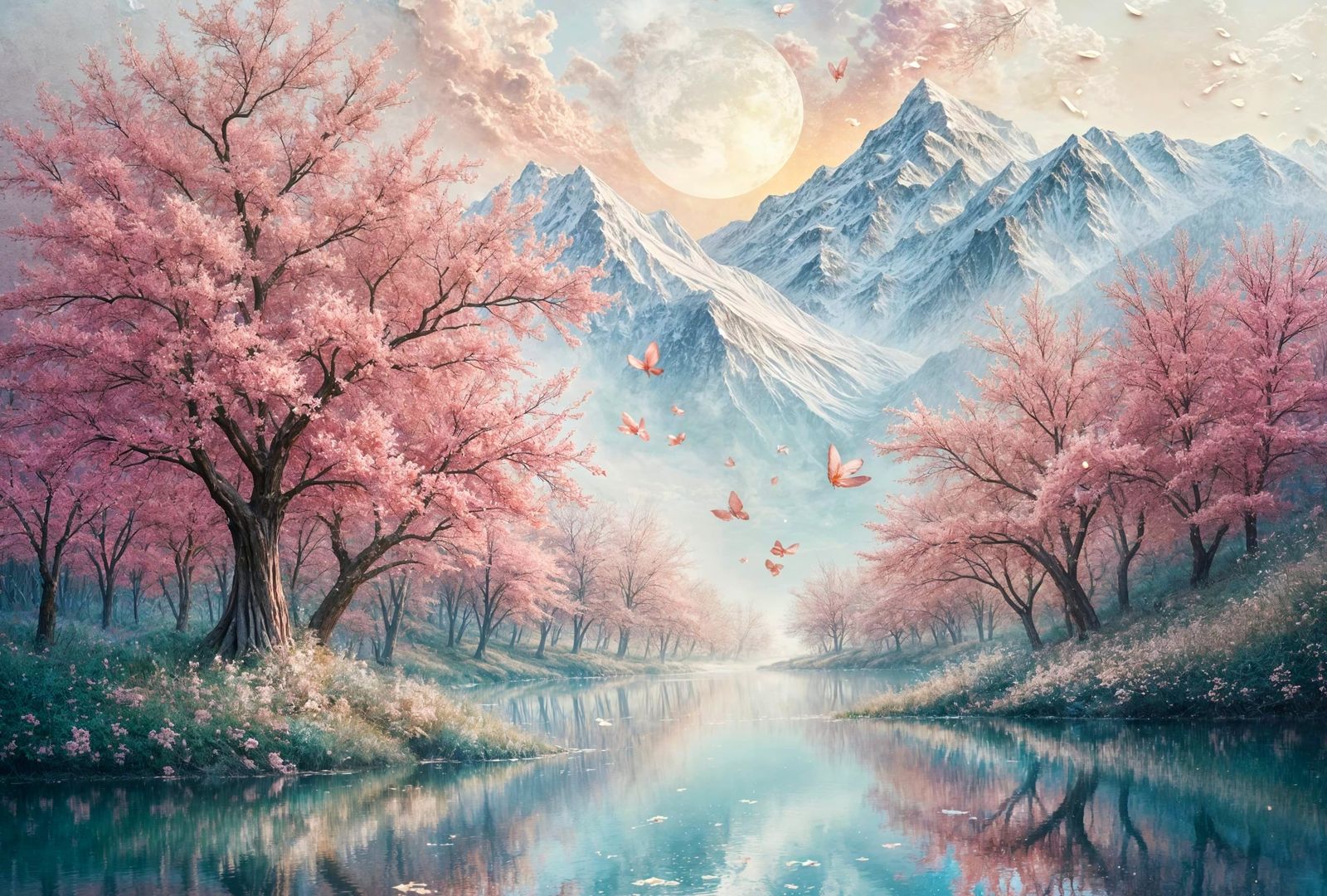 Ethereal Plum Blossom Moonrise with Snowy Mountains