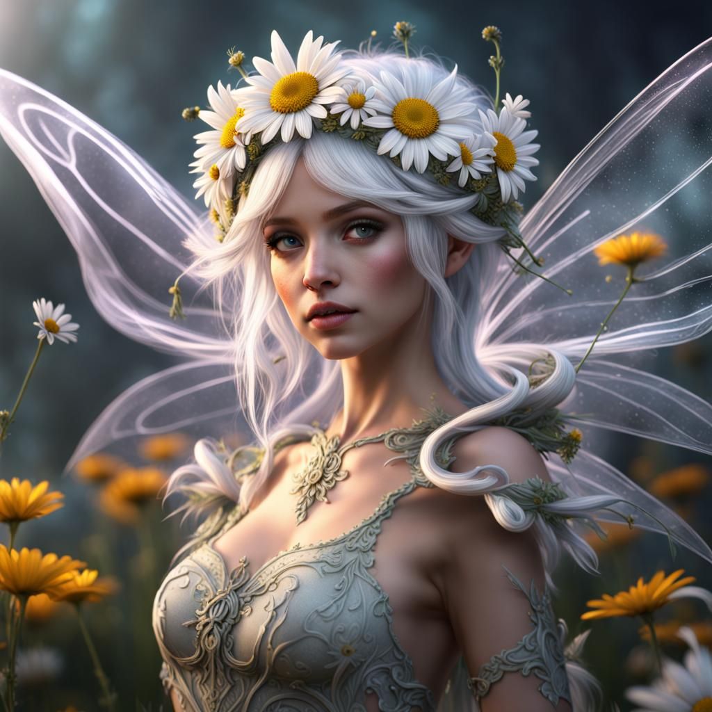 Daisy Fairy with White Hair in Detailed Matte Painting