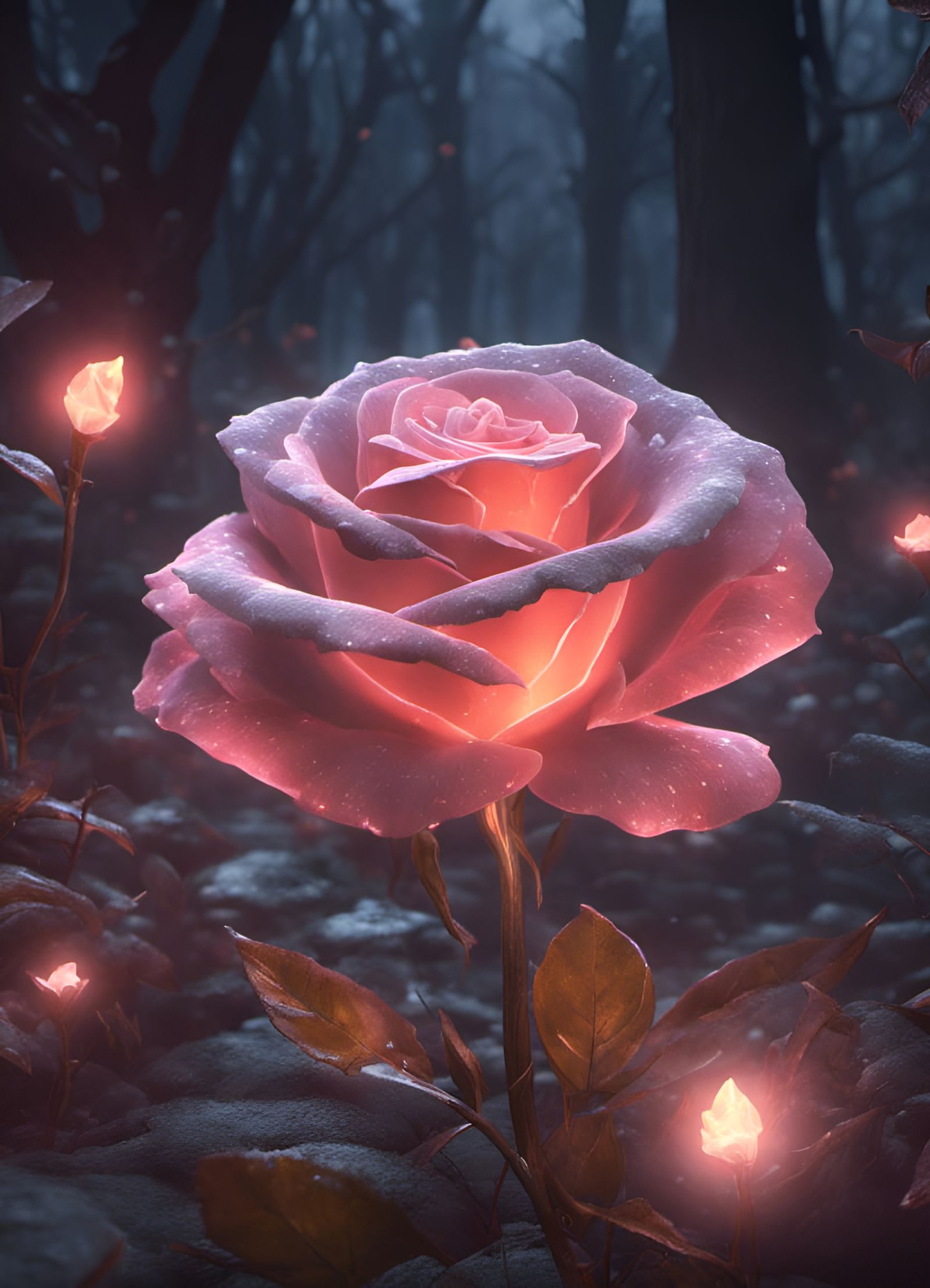 Luminous Crystal Rose in Dark Forest