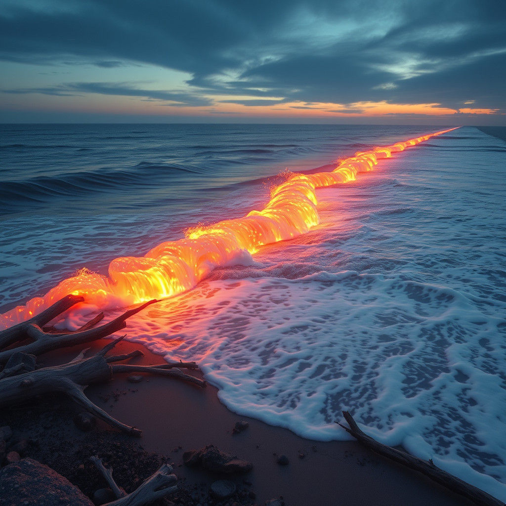 Luminous Seashore at Dusk with Bioluminescent Waves