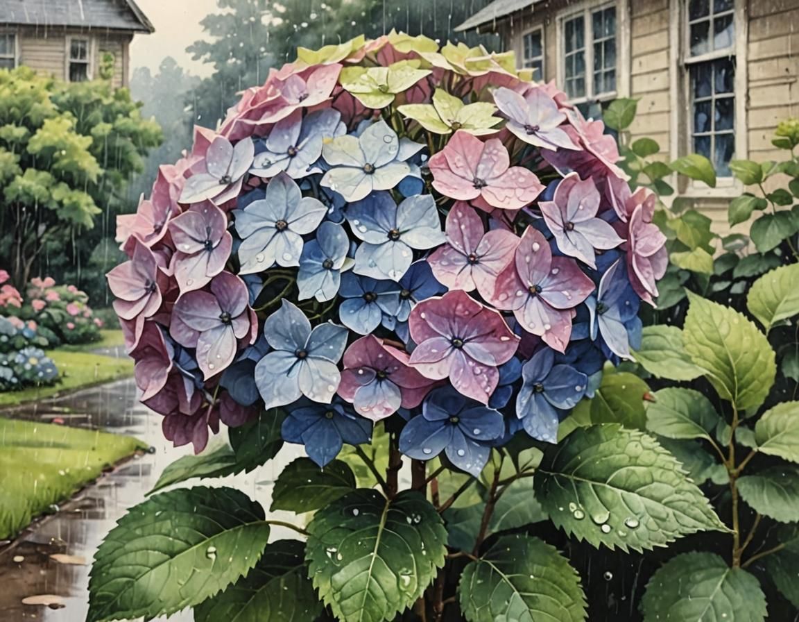 beautiful hydrangea in front of the house during summer rain...