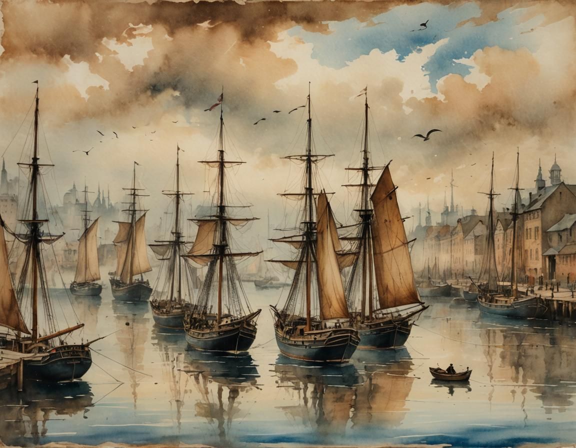Old World Harbor in Antique Watercolor Painting
