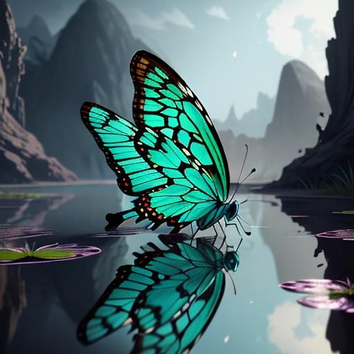 Turquoise Butterfly Reflection in Detailed Fantasy Art