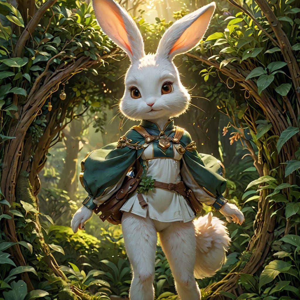 Serene Anime Rabbit Woman in Whimsical Nature Scene