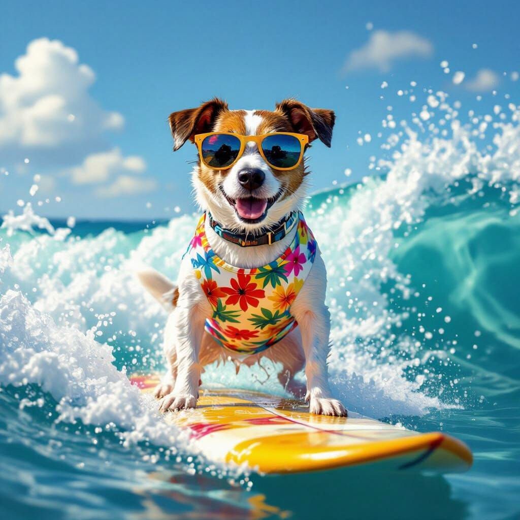 Jack Russell Terrier Surfing a Wave