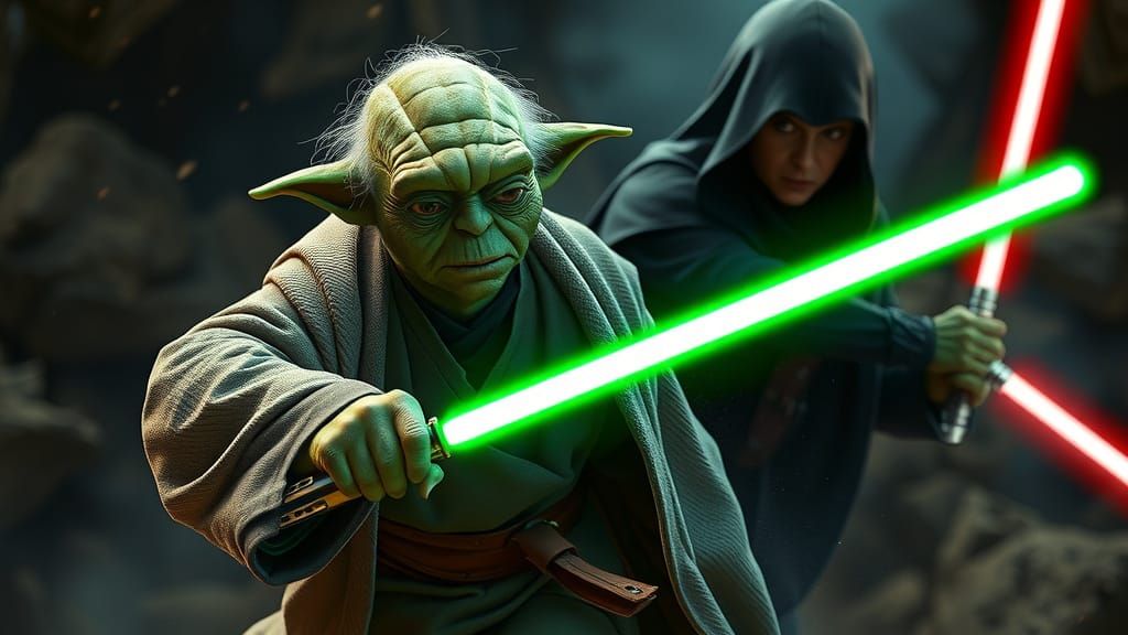 Wise Jedi Master Yoda Engages in Epic Lightsaber Duel
