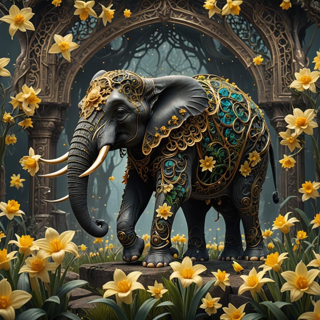 Filigree Elephant with Fractal Daffodils in Detailed Matte S...
