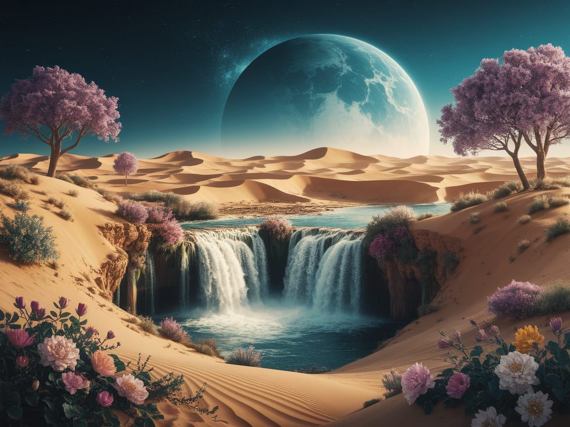 Ethereal Glowing Waterfall Oasis in Desert Landscape
