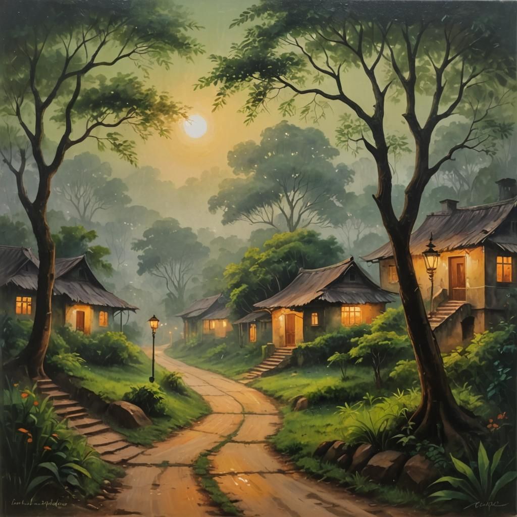 Acrylic painting: small villege of India in middle of forest.