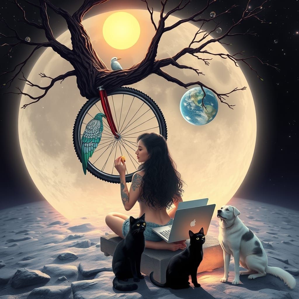 Majestic Bird with Mermaid Scales in Lunar Bicycle Nest