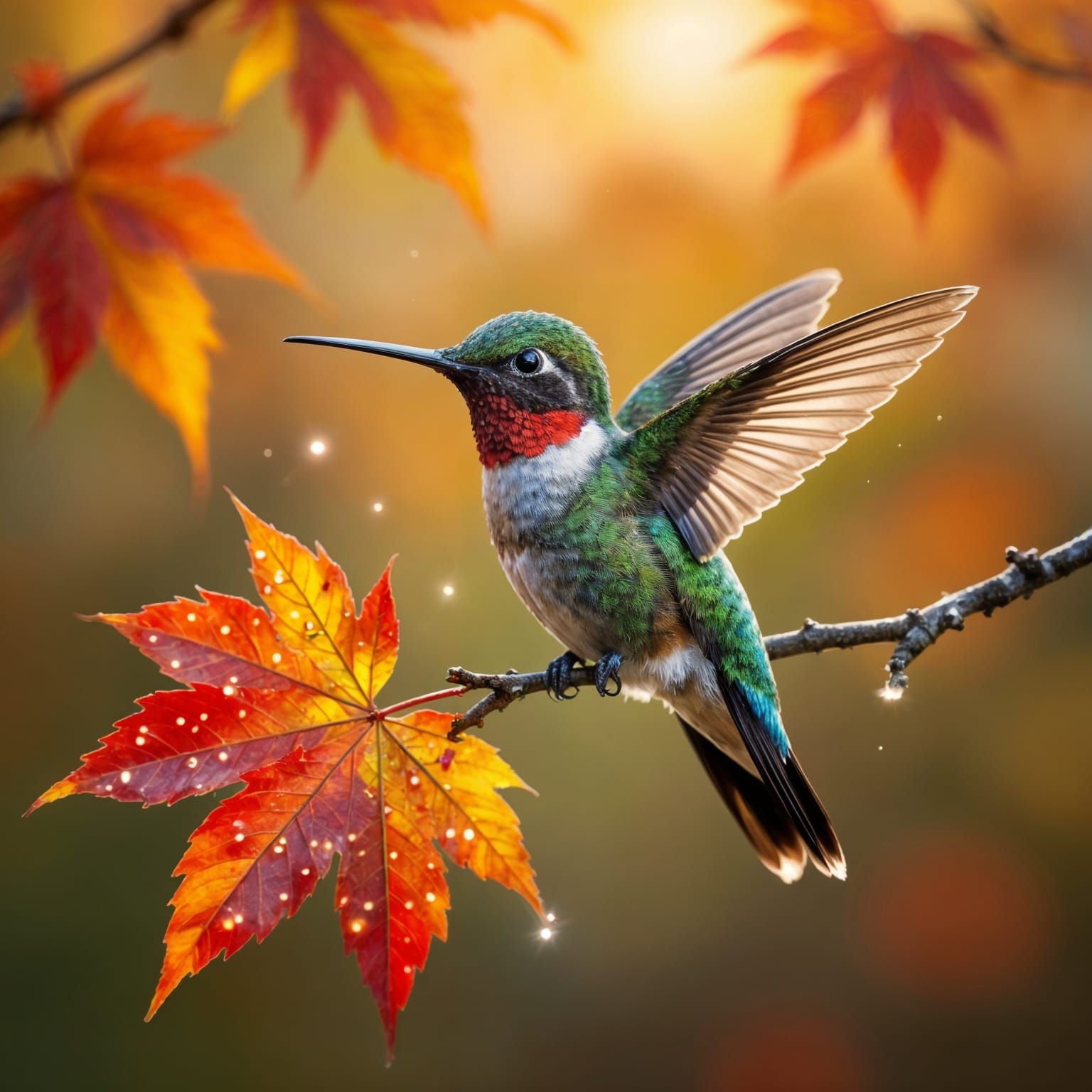 Hummingbird on Autumn Maple Branch with Dew Drops