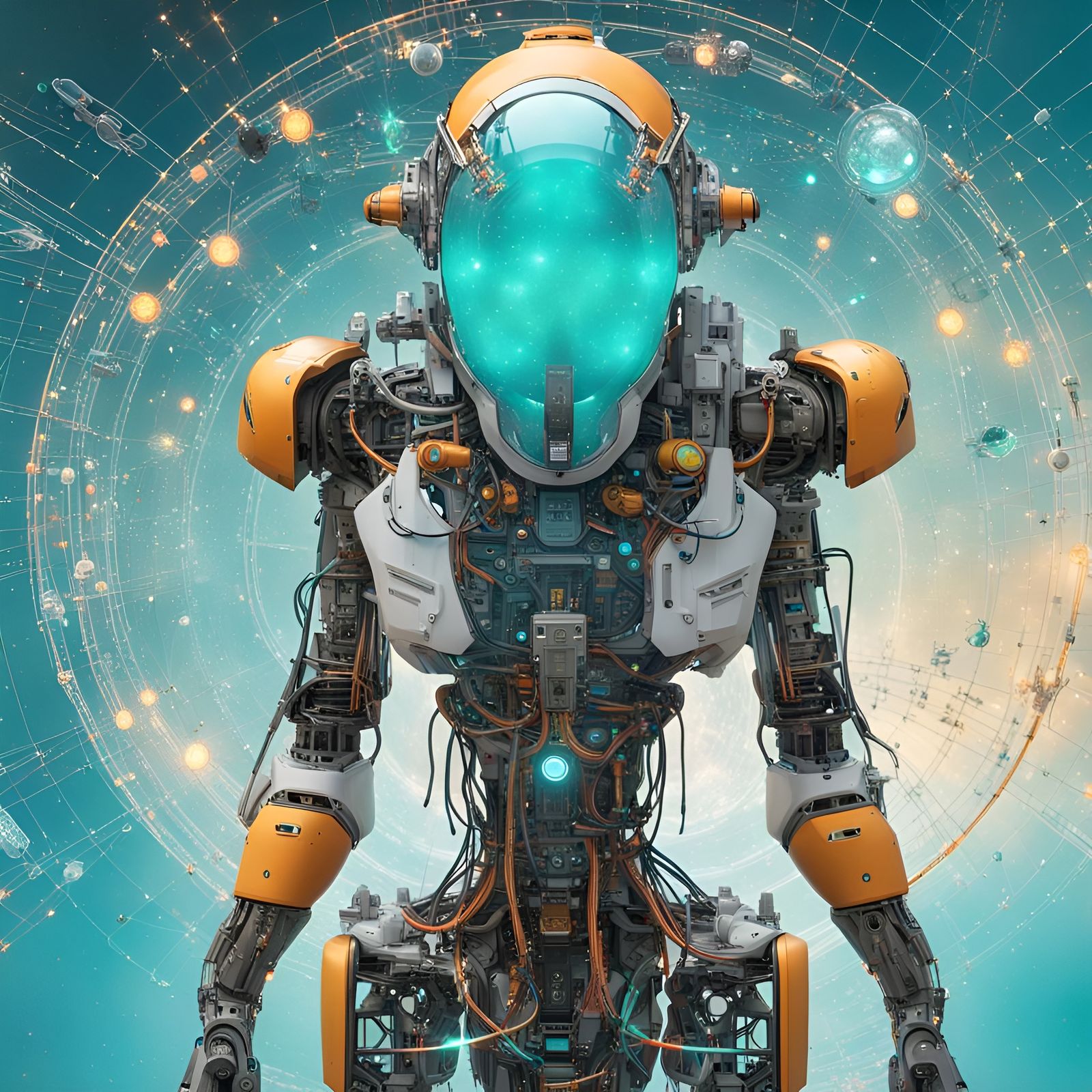 Cyborg on Spaceship Bridge with Planetary Starmap