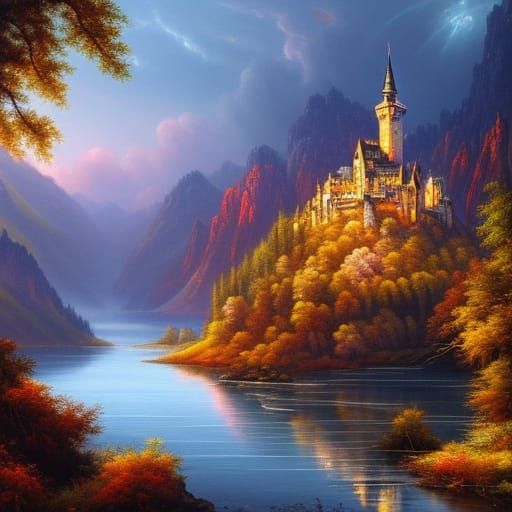 Orc Castle in Misty Mountains, Impressionist Gouache