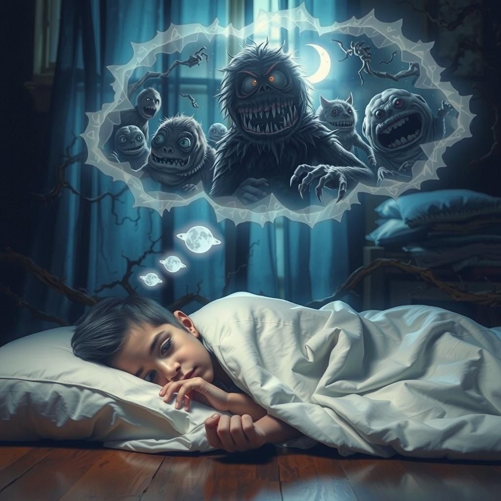 A child lies snuggled up in his bed and dreams of monsters. The picture conveys a frightening atmosphere