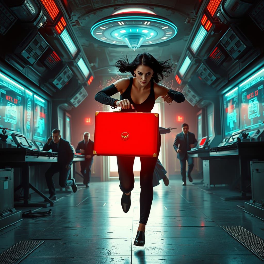Woman in Black Running with Glowing Briefcase