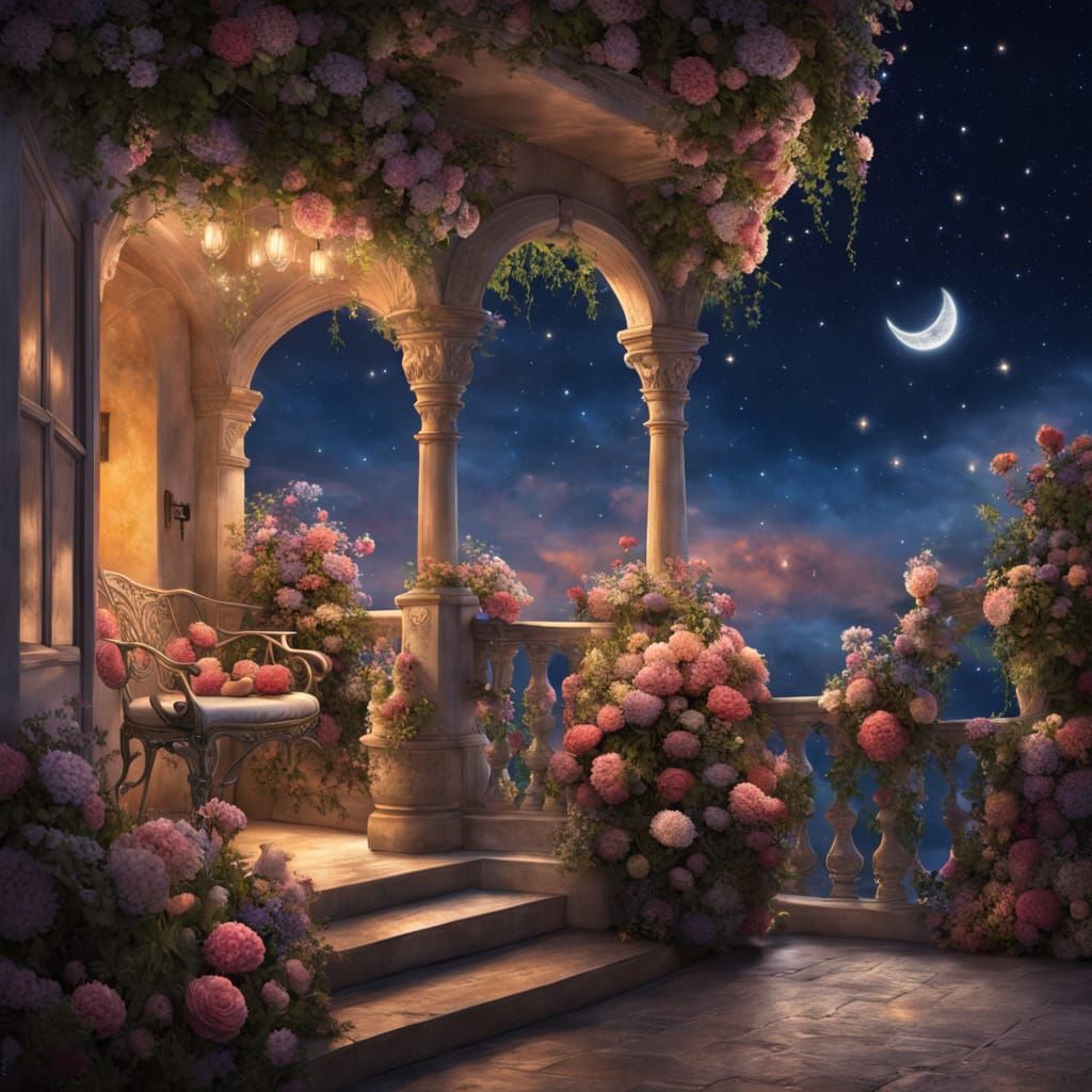 Romantic Night Serenade Under Floral Crescent Moon