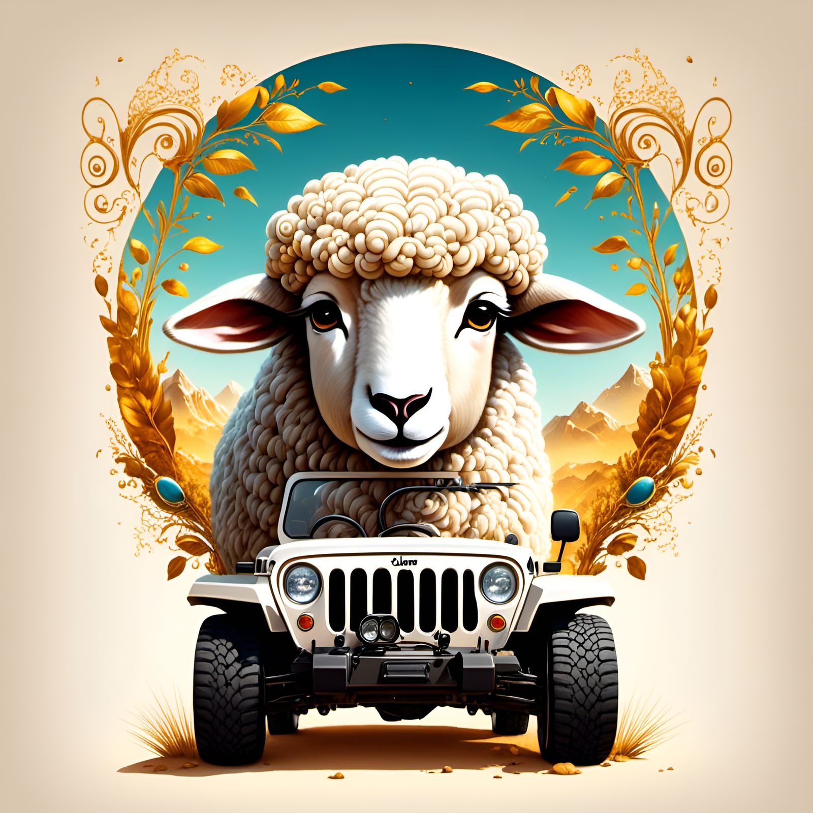Adorable Sheep Drives a Jeep in Sunny Landscape