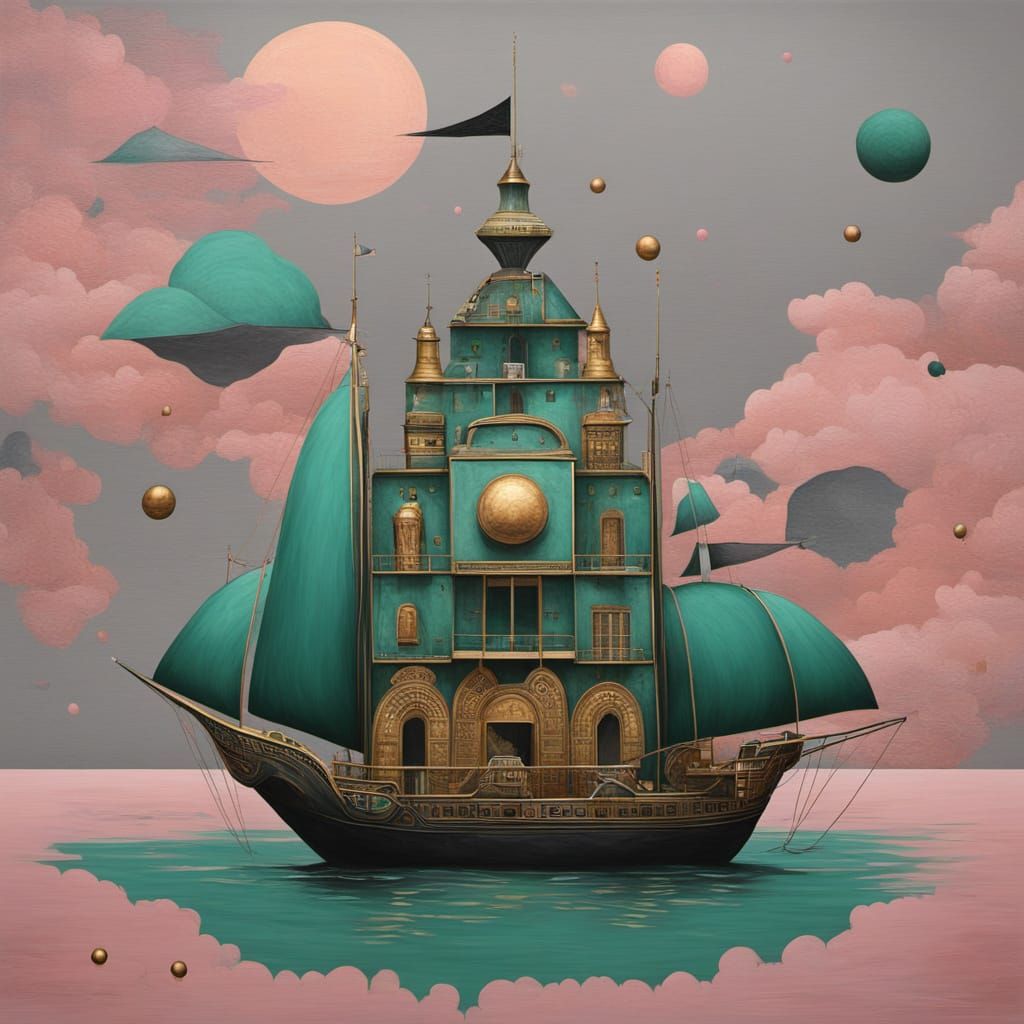Surreal Abstract Painting of a Battleship Gray Chateau