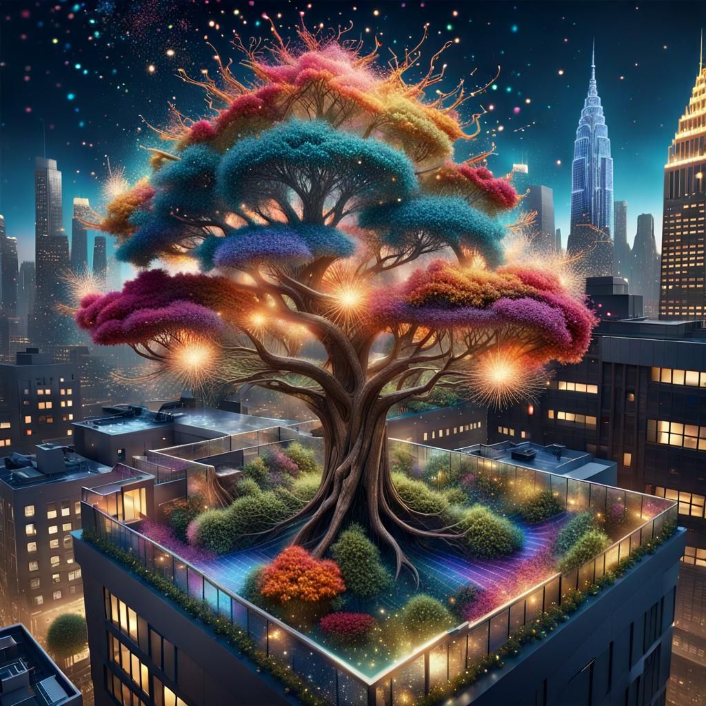 Hyperrealistic Unification Tree in Skyscraper Garden