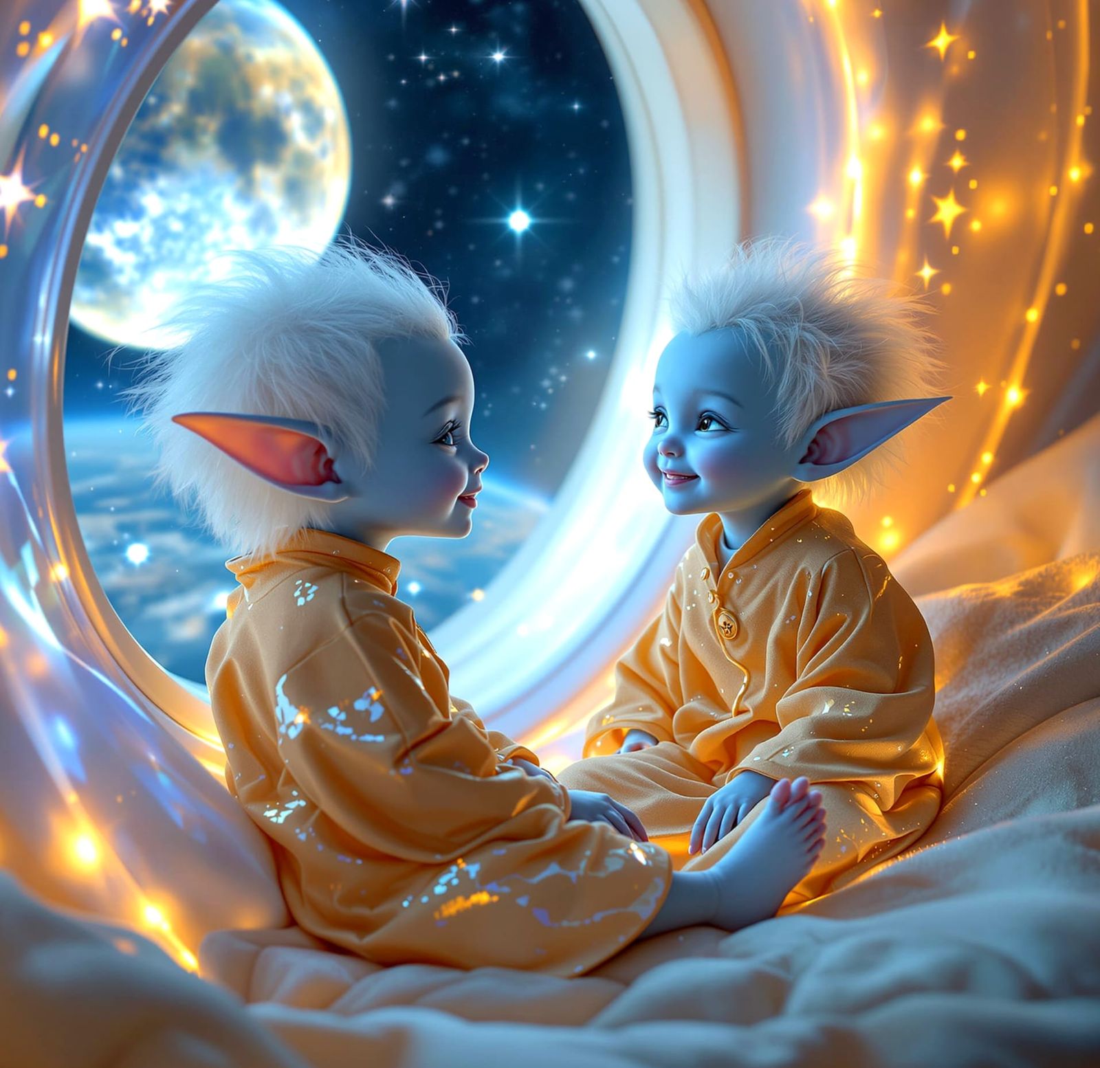 Adorable Blue Elf Children in Glowing Spaceship