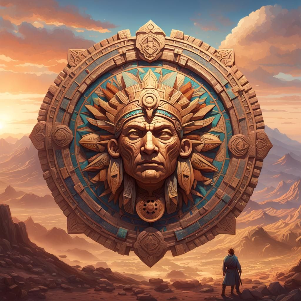 Aztec Calendar in Mountain Desert, Detailed Portrait