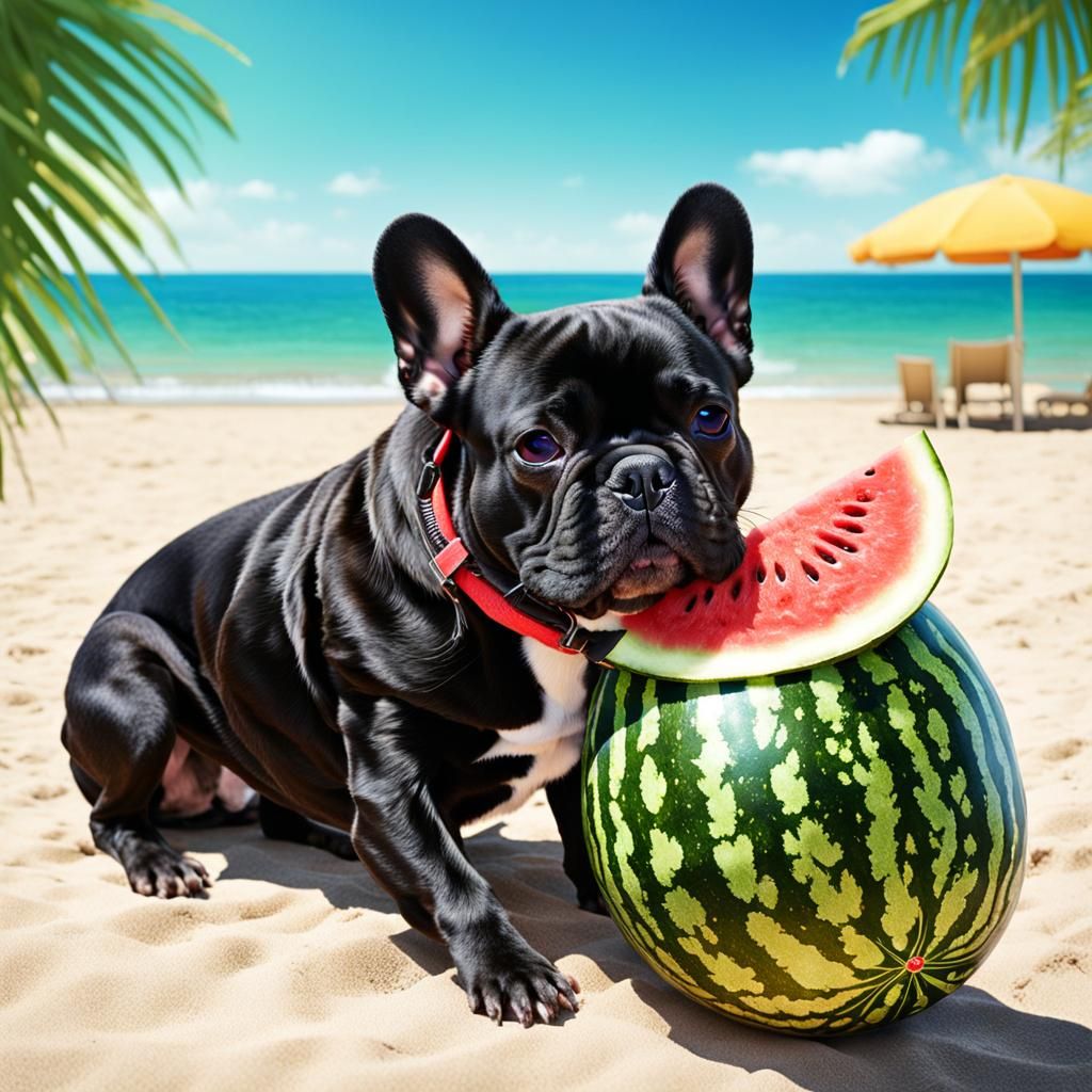 Black French Bulldog Hugging Gigantic Watermelon on Sunny Be...