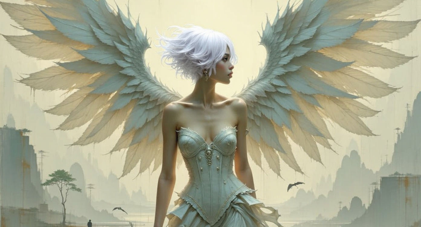 Angel with Blue Hair and White Wings in Dynamic Pose