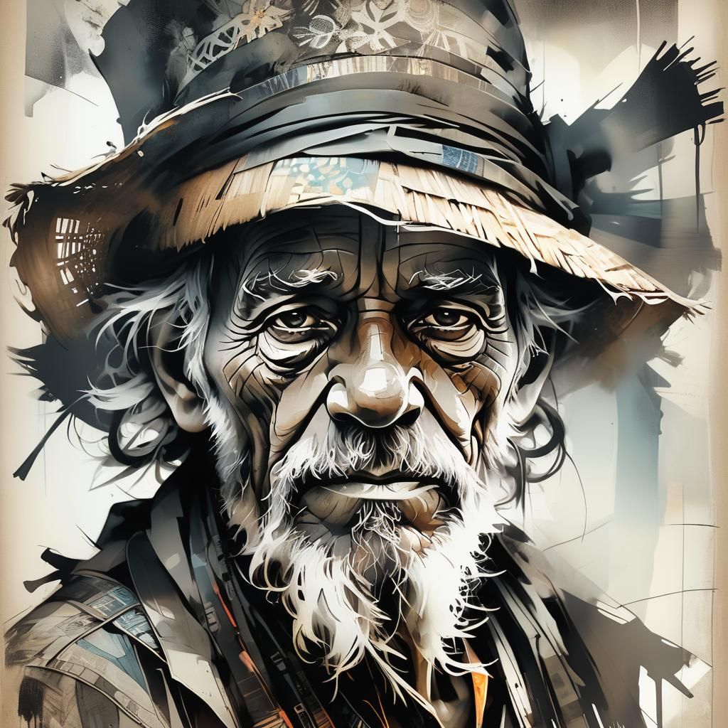 Opalescent Portrait with Straw Hat in Russ Mills Style