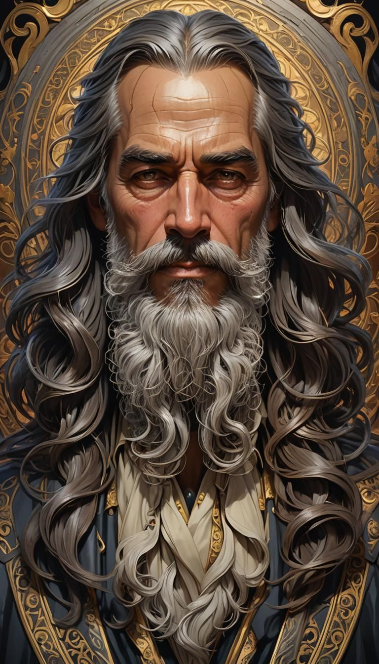 A man with a long flowing grey beard black mustache dark lon...