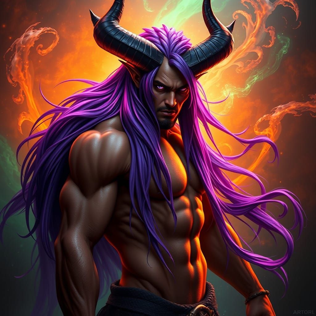 Majestic Demon Lord with Lavender Locks and Earthy Skin