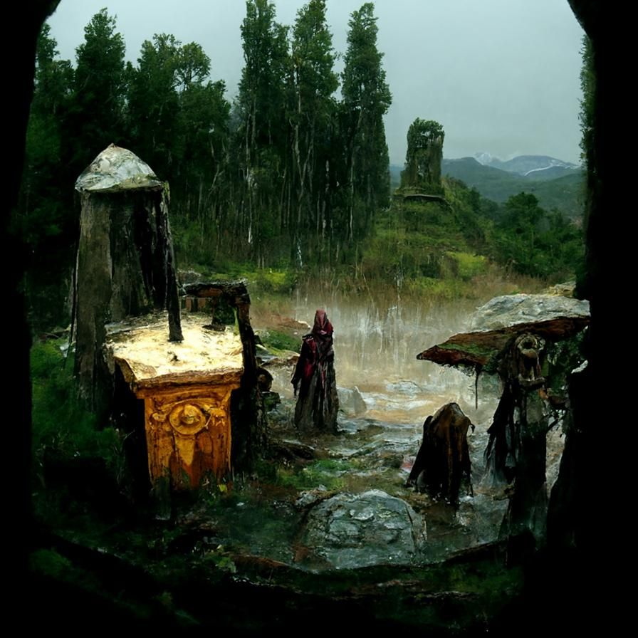 Rain-Soaked Sacrificial Altar: A Watercolor Fantasy