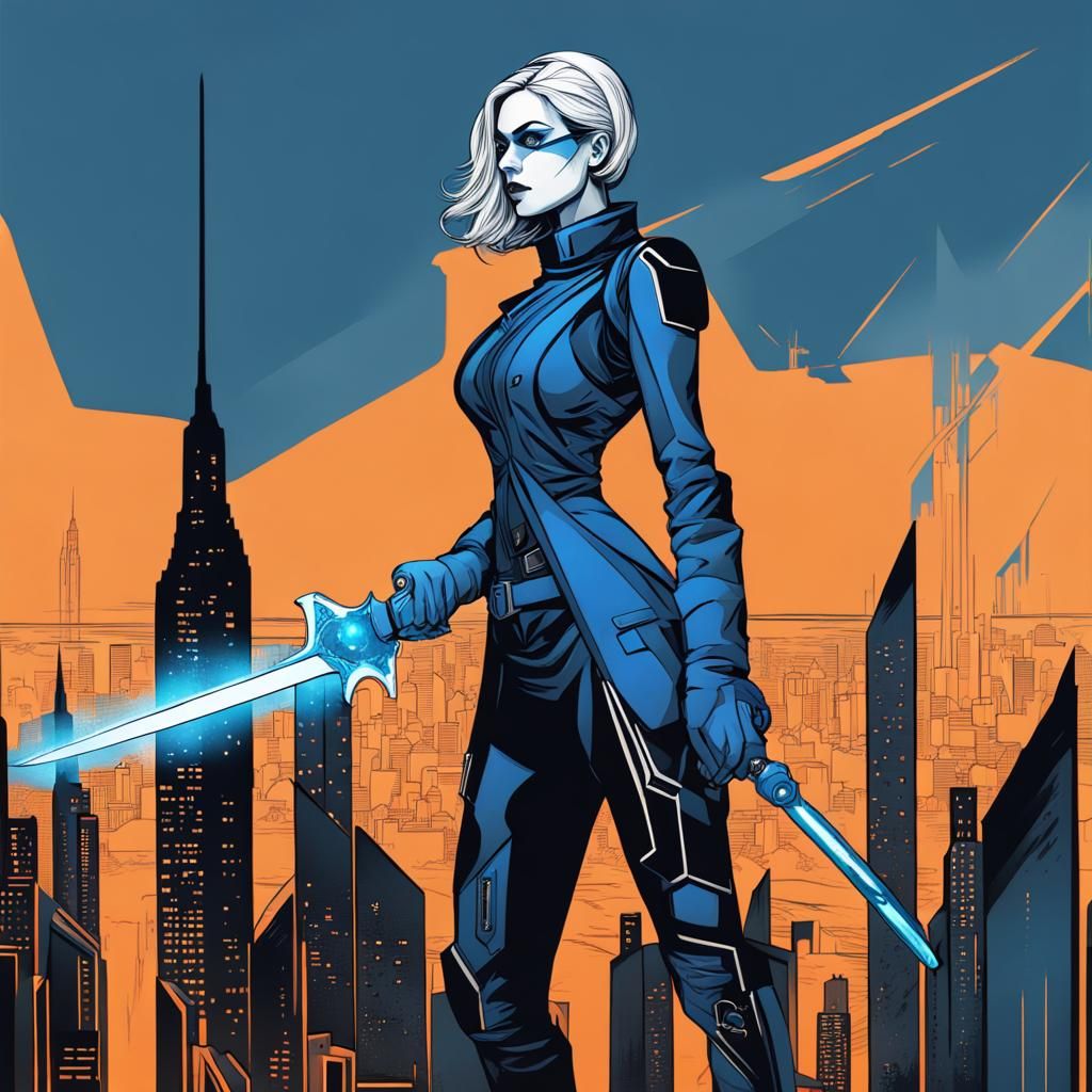 Dystopian Spy with Energy Sword in Abstract Style