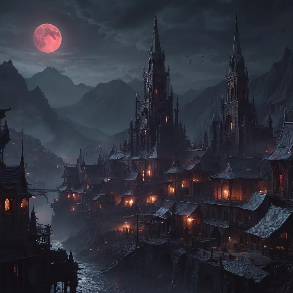 Dark Gothic Town at Night Under Blood Moon