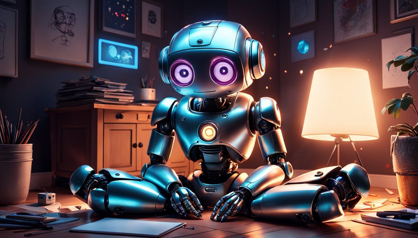 A charming, metallic AI robot with expressive LED eyes sits ...