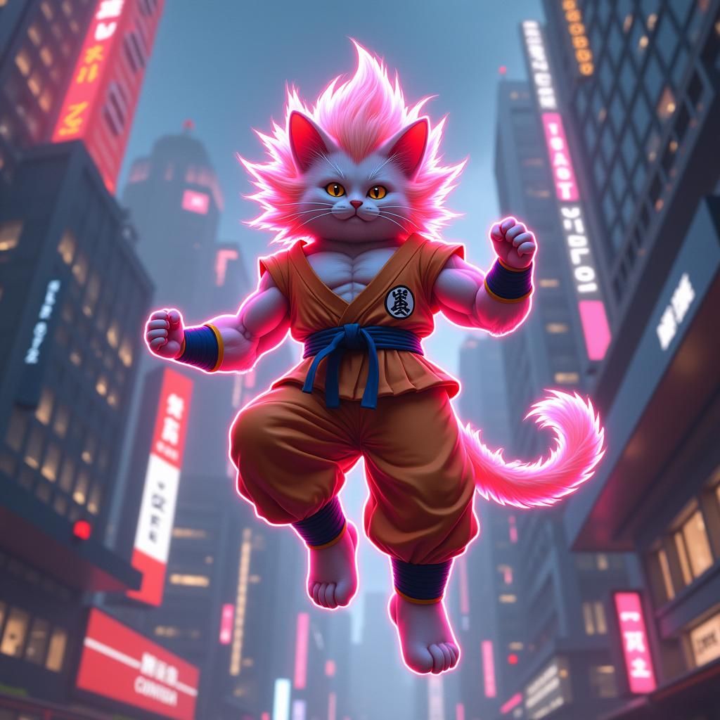 Humanoid Saiyan Cat in Neon Cyberpunk Cityscape