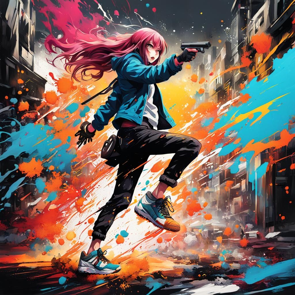 Anime Woman's Rage: Graffiti Art Power Attack