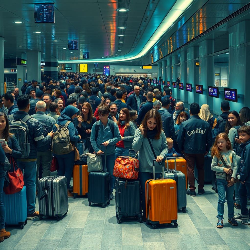 Airport Terminal Queue in Post-Impressionist Style