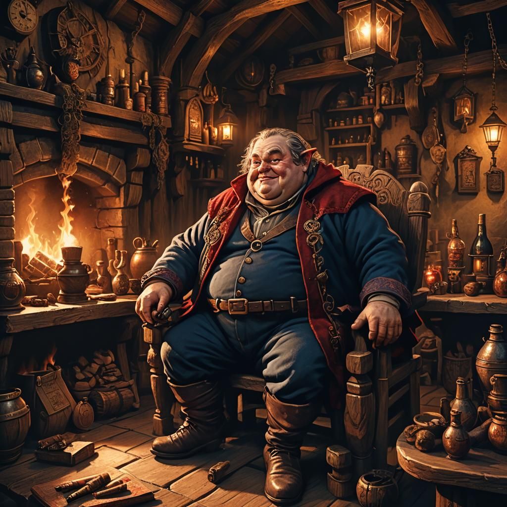 Hobbit Smoking Cigar in Medieval Tavern, Fantasy Art