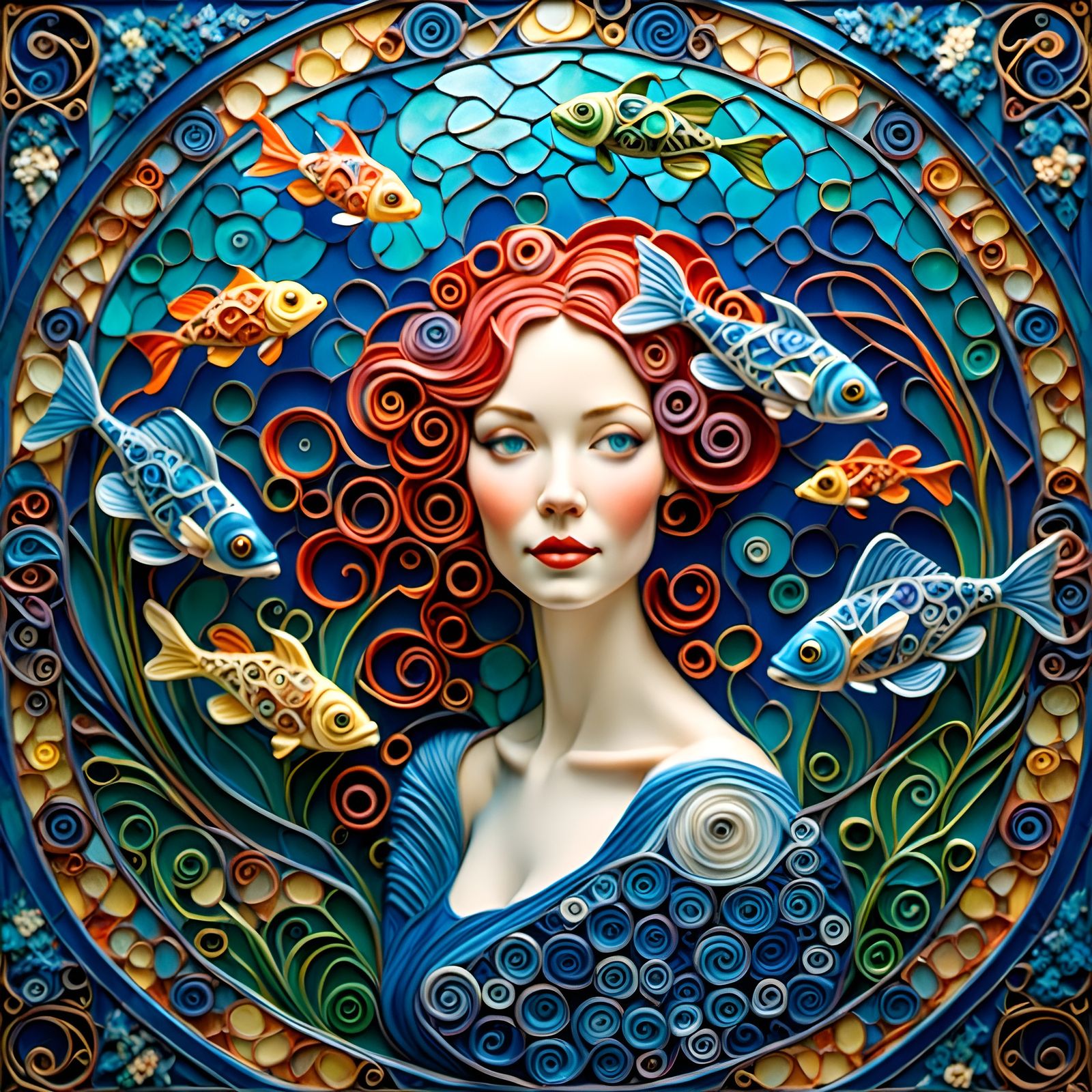 Stained Glass Woman Surrounded by Fish