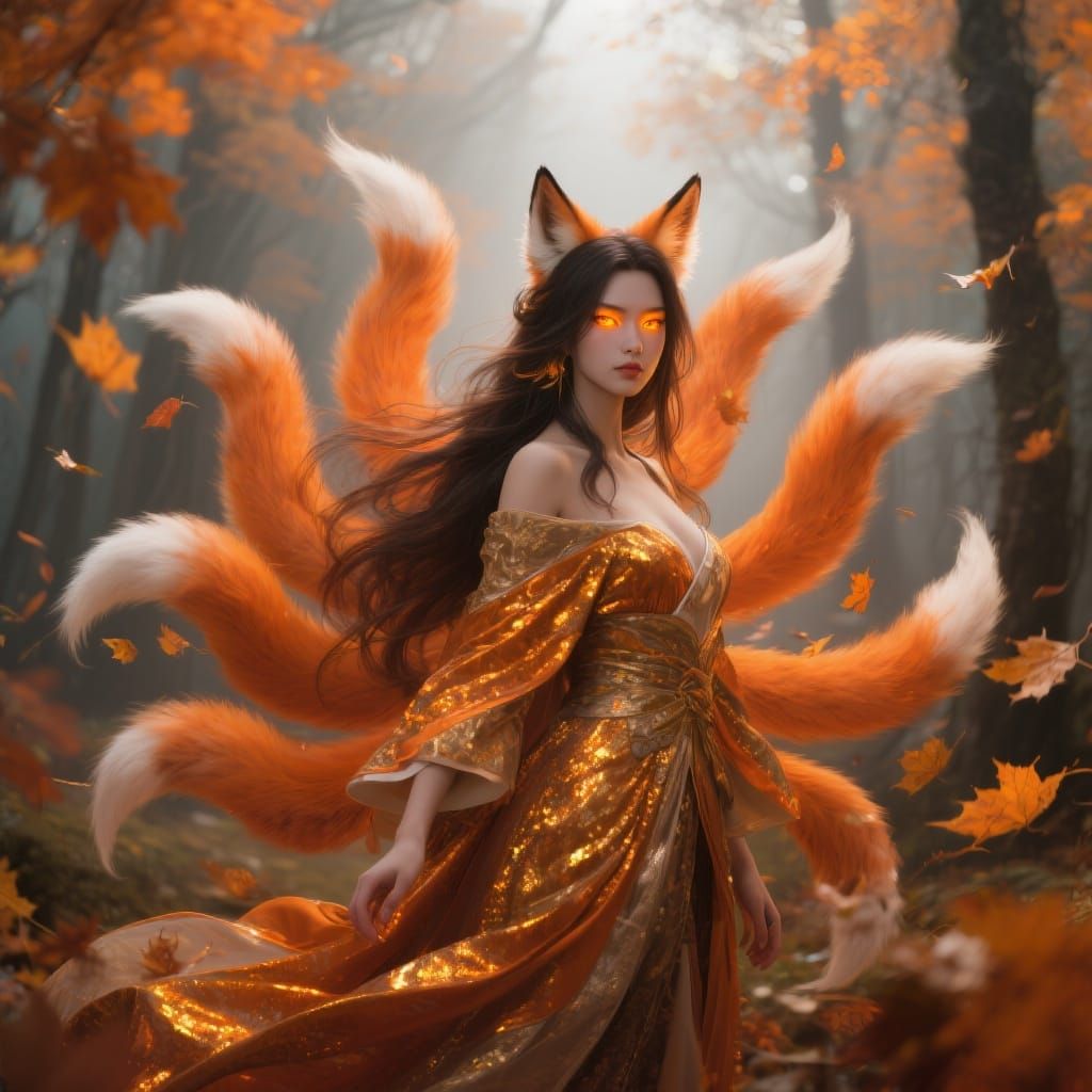 Kitsune Woman in Autumn Forest, Hyperrealistic Style