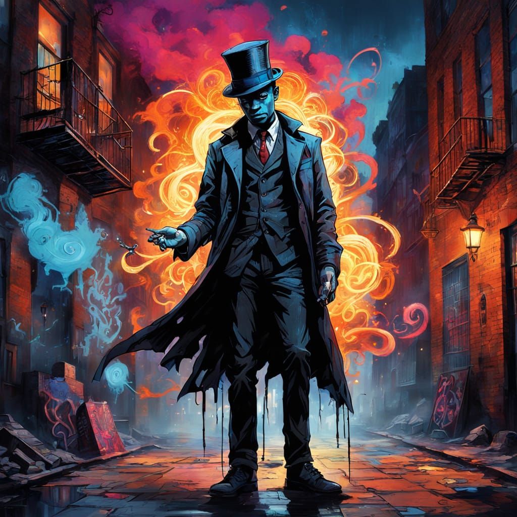 Enigmatic City Magician in Vibrant Graffiti Style