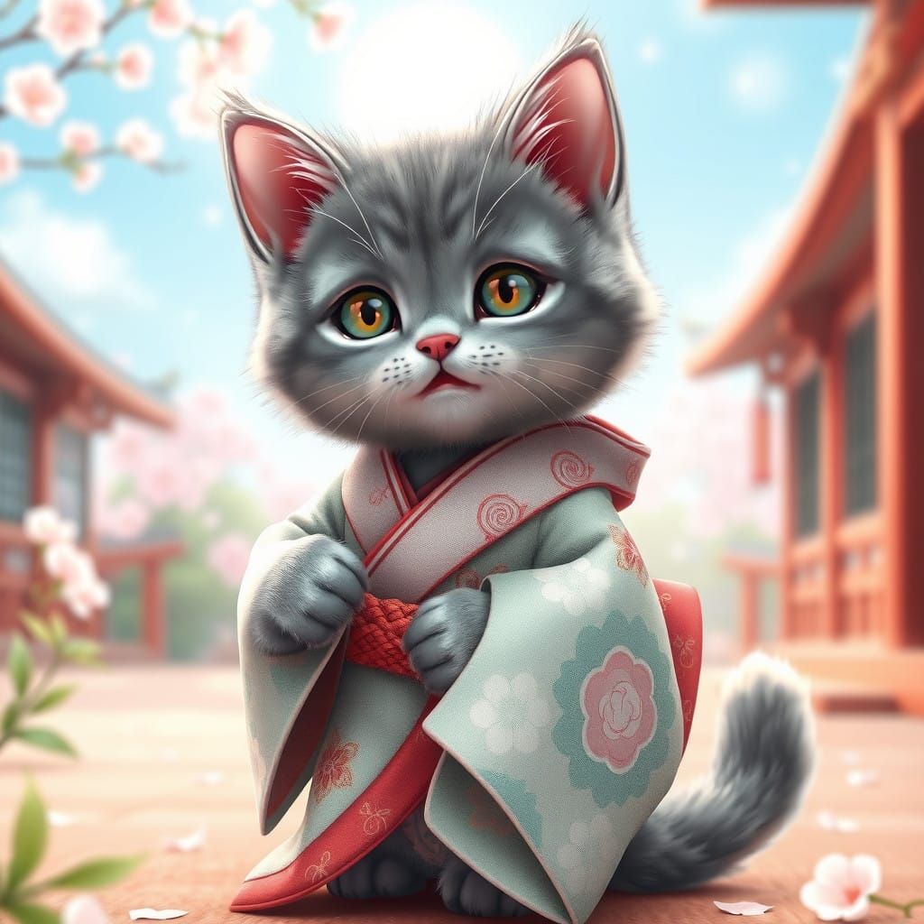 Vibrant Grey Kitten in Traditional Japanese Attire