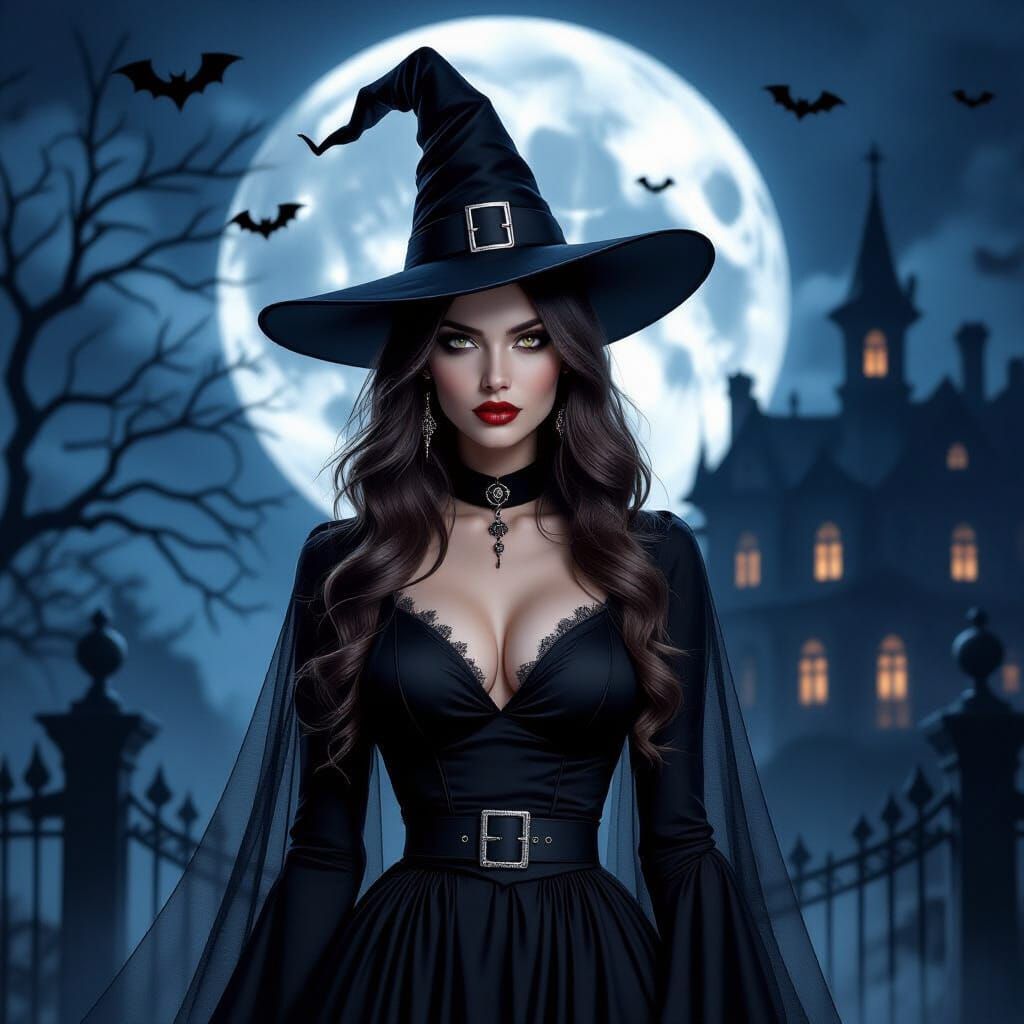 Gothic Witch Illustration with Spooky Mansion and Full Moon