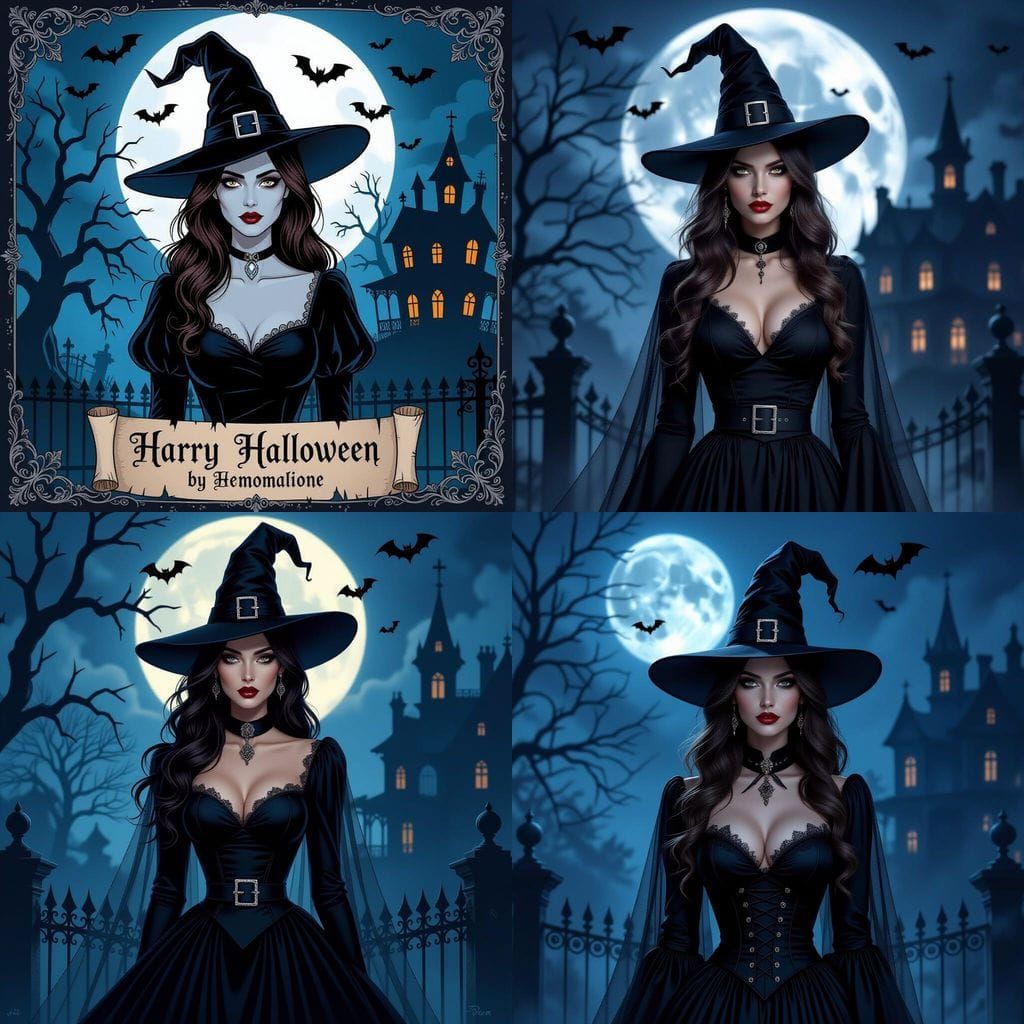Gothic Witch Illustration with Full Moon and Haunted Mansion