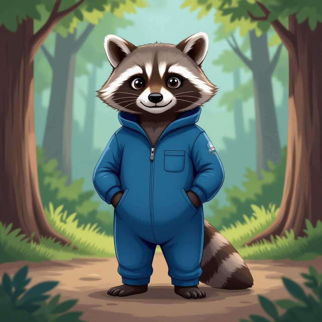 Anthro Raccoon in Blue Jumpsuit in Forest